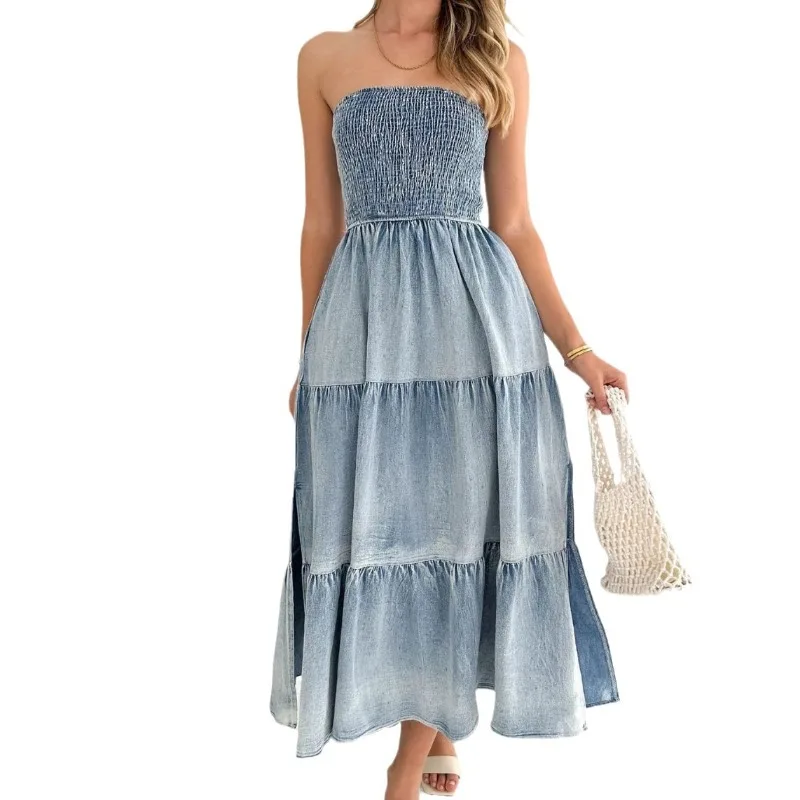 Holiday Strapless Long Dress for Summer Vestidos 2024 New Fashion Women Elegant Hem Stitching Side Split Denim Long Dress