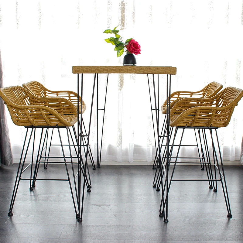 

Modern Cafe Shop White Cushion Armrest High Counter Kitchen Dining Room Metal Bar Stool Rattan Chair