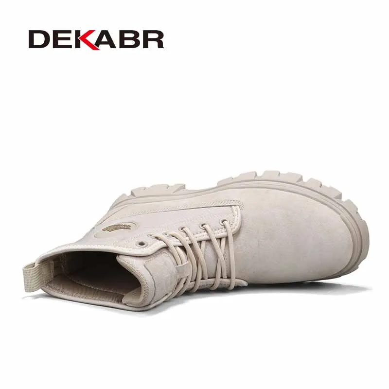 DEKABR Autumn Winter Mens Full Grain Leather Ankle Boots Plush Lined Or Thin Style Anti Slip Rubber Thick Sole Urban Footwear