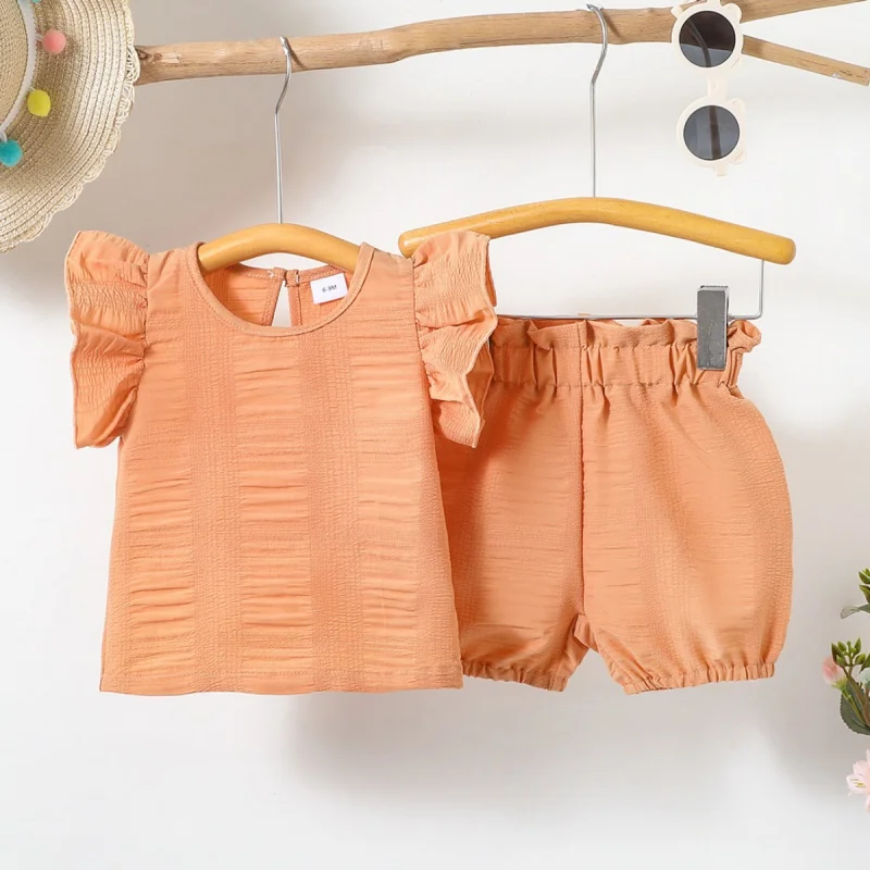 2 PCS Summer Baby Girls Outfits Soft Ruffled Sleeves Design Top Lantern Pants Set Newborn Cute Princess Vest And Short Trousers