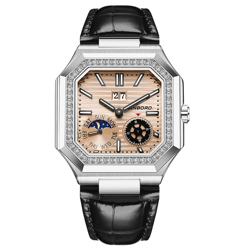 هانبورو ساعة أوتوماتيكية للرجال 38.5 ملم ساعة يد ميكانيكية مربعة 5ATM مقاومة للماء مضيئة الياقوت شنغهاي JHS17 تاريخ الأسبوع #3