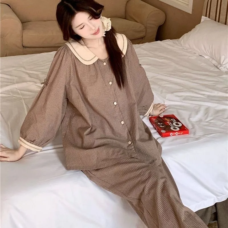 

Plaid Sleepwear Women Pajama Sets Korean Piiama Long Sleeve Button Night Wears Autumn Home Suit Pants Sets for Women 2 Pieces