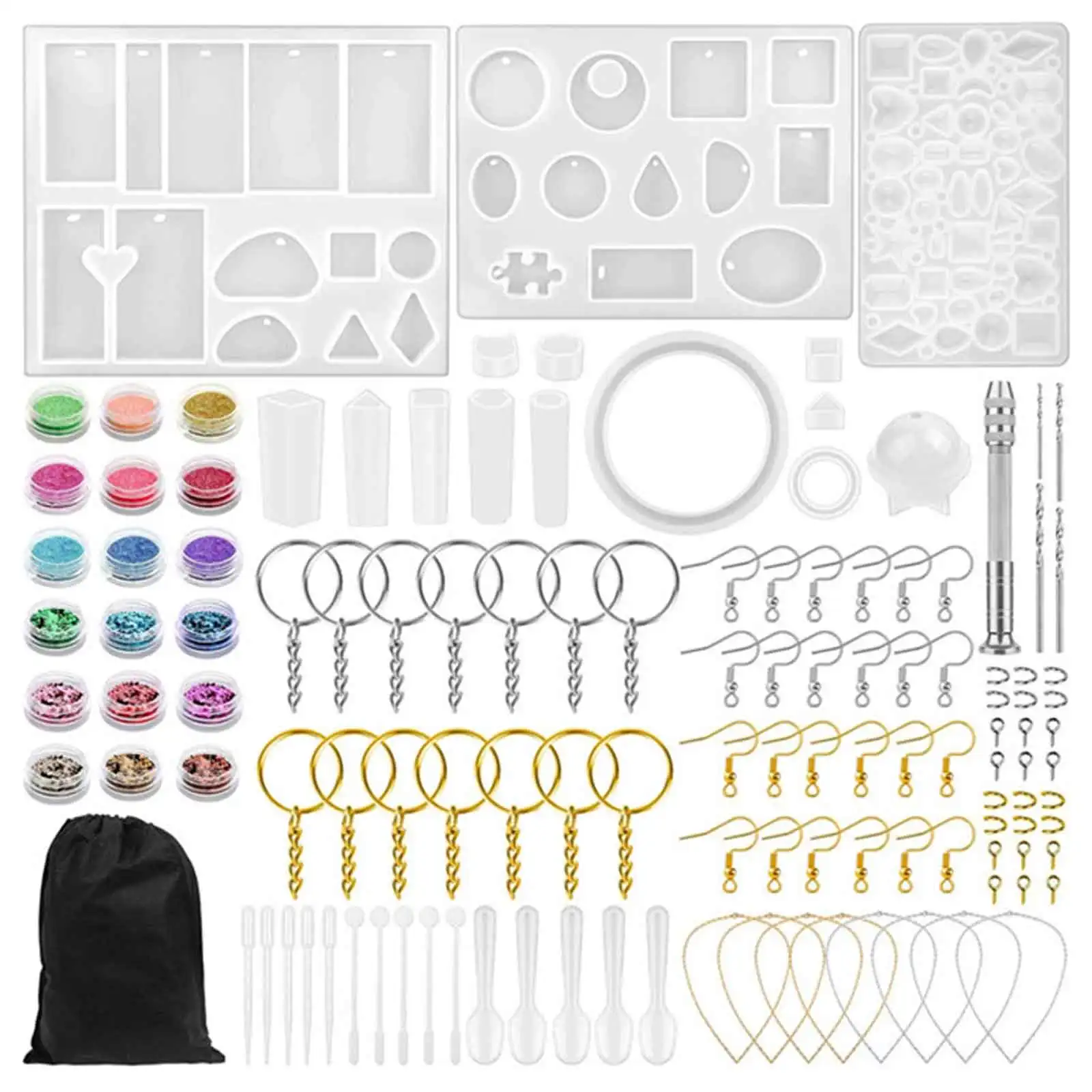 224PCS Resin Casting Mold Set Silicone Resin Molds Tools with Glitter Powder for Keychains Earrings Necklaces Making