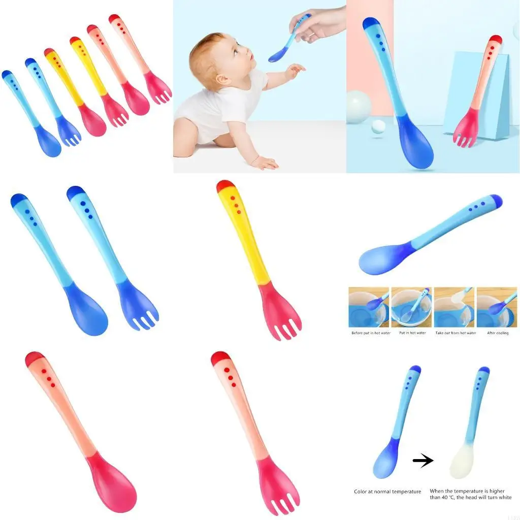 

2pcs/set Temperature Sensing Spoon Fork for Baby Safety Feeding Child Dining Spoon Tableware Tongue Anti Scald L8RB