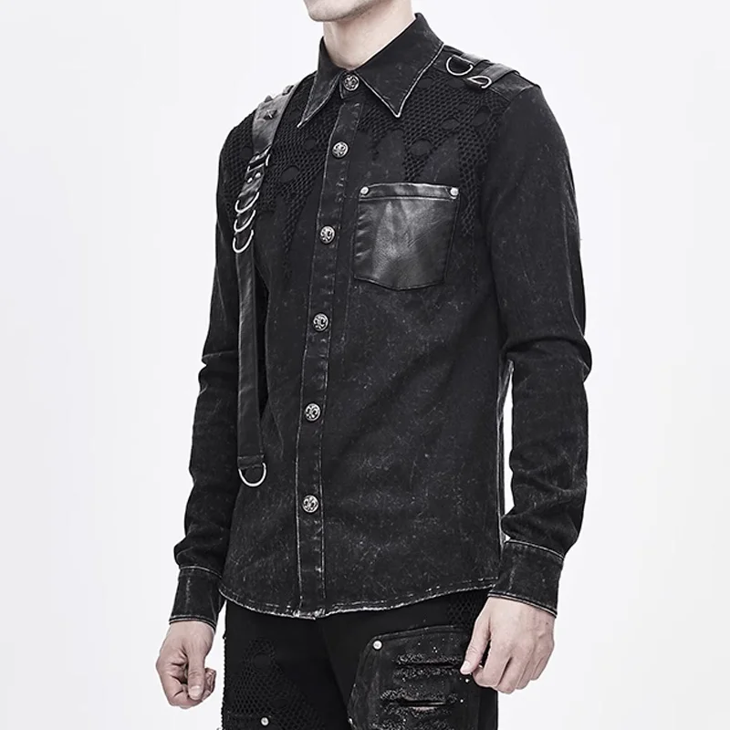 2023 Punk Men\'s Long Sleeved Rivet Bandage Shirt  Rock Casual Asymmetric Shirt  Spring and Autumn Broken Top