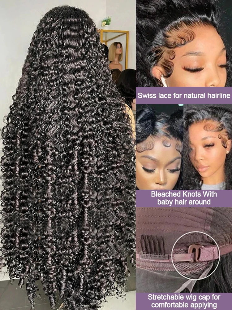 40 بوصة موجة عميقة شعر مستعار أمامي شعر الإنسان 100 أسود مجعد أمامي الدانتيل موجة المياه 13X6 Hd الدانتيل الجبهة كامل 360 شعر مستعار دانتيل شعر مستعار أنثى