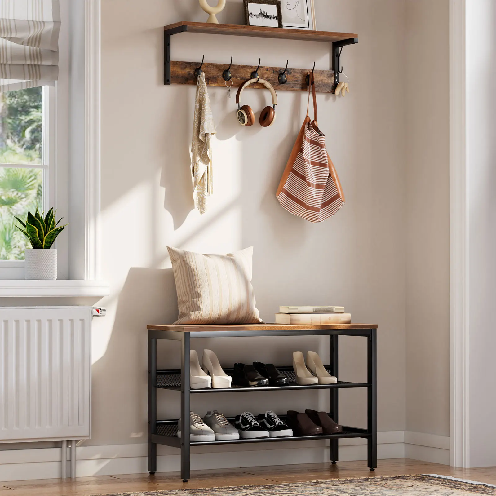 HOOBRO Wall Coat Rack Wall Shelf with 7 Hooks and Shelf Hallway Coat Rack Hanging Shelf with Coat Hook For Living Room Kitchen