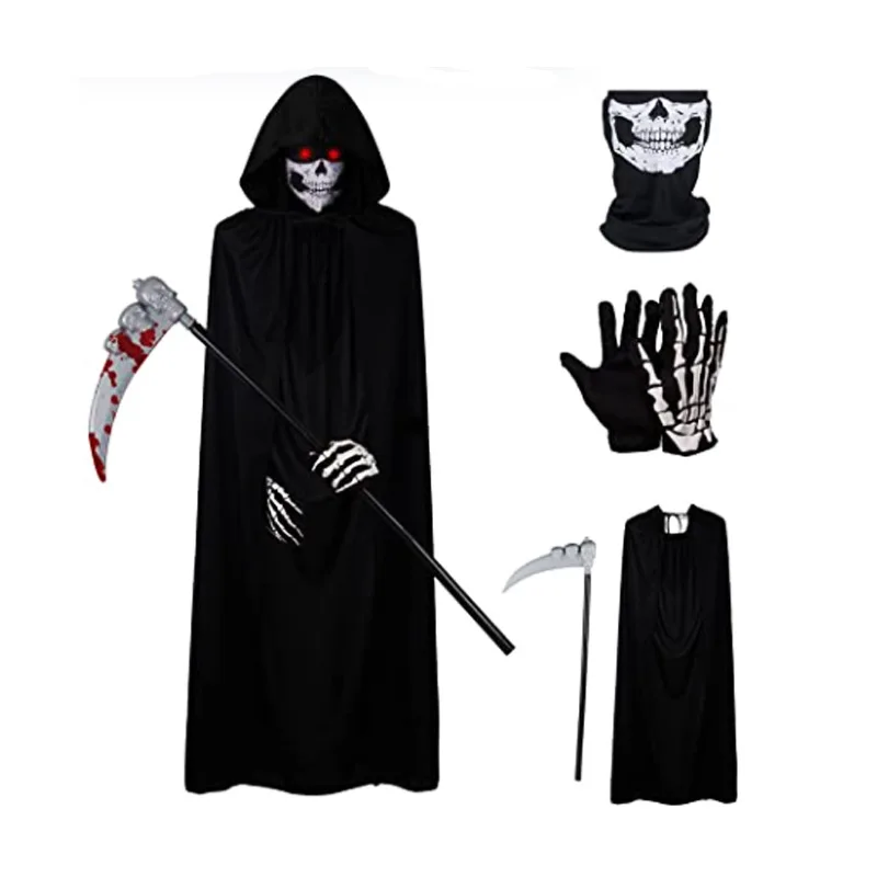 Donna uomo bambini Halloween Grim Reaper mantello nero Costume Cosplay terrore morte Set di articoli festa di carnevale mantello regalo guanti Robe Suit