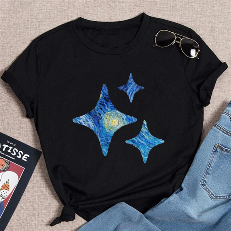 Camiseta con estampado de Van Gogh para mujer, camisa blanca de manga corta con estampado de gato nocturno estrellado, estética,