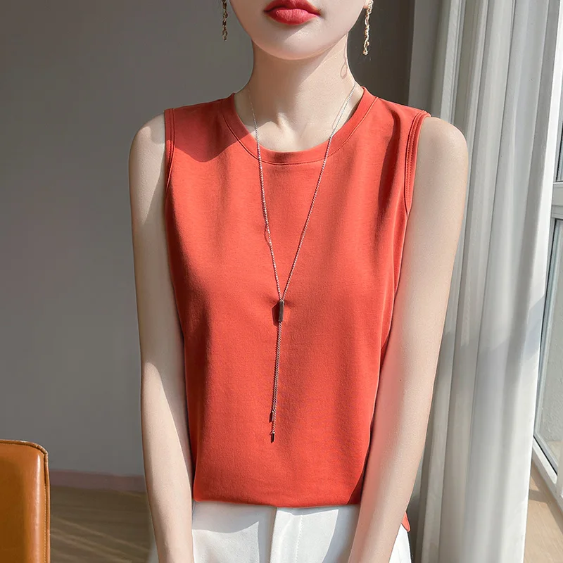 Spring And Summer 100% Cotton Round Neck Sleeveless T-shirt Women's Solid Color Sling Bottoming Shirt Vest