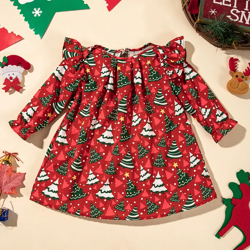 

Autumn and Winter Girls' New Christmas Tree Print Cartoon Cute Flying Sleeve Long Sleeved Dress Christmas Party Princess Dress