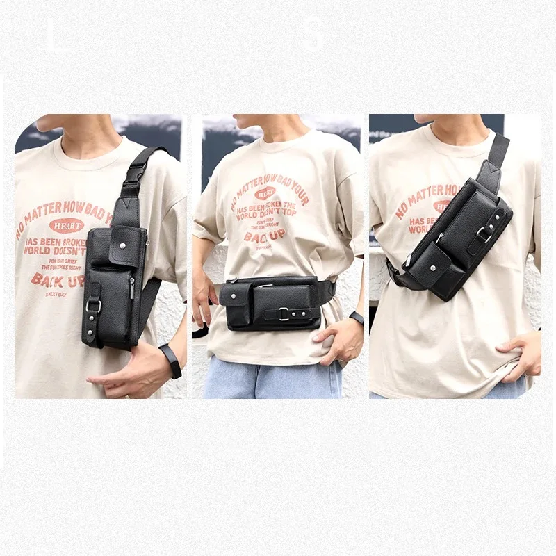 Leather Bag Casual Sports Cross Body Waterproof Waist Bag Multi-Layer Shoulder Pu Sling Bags Outdoor Daily Chest Bag for Men