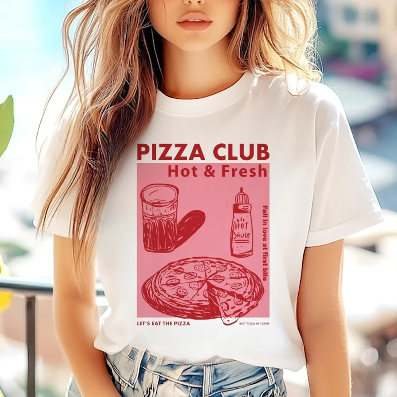 

Топ с принтом Pizza Club, базовая футболка, повседневная женская летняя стильная футболка с круглым вырезом, новая женская модная белая футболка для пляжного отдыха