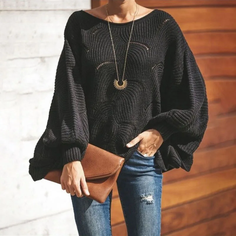 Women's Oversized Batwing Sleeve Crewneck Loose Hollow Knit Pullover Sweater