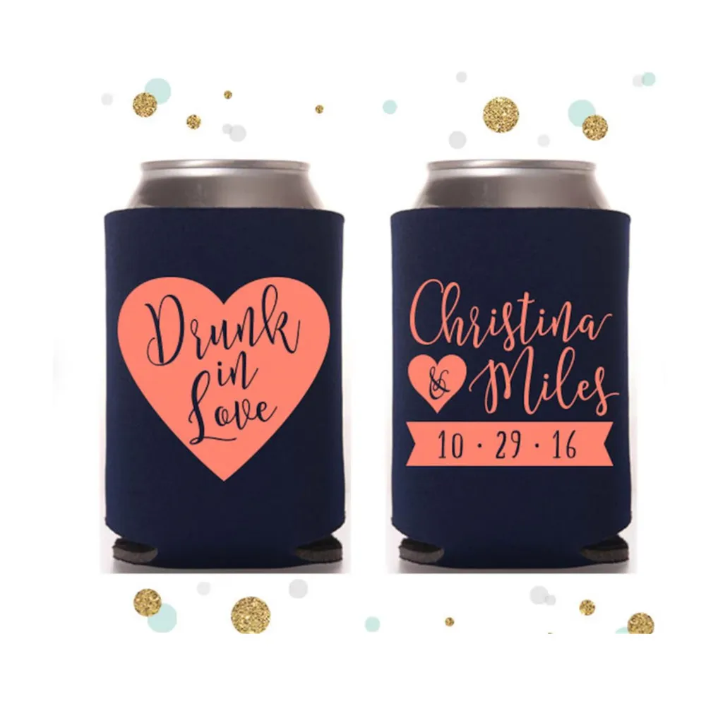 

Drunk in Love - Wedding Can Cooler #42R - Custom - Heart -Bridal Wedding Favors, Beverage Insulators, Beer Huggers