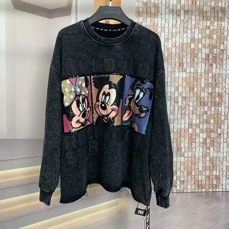 New Autumn Heavy Industry Plaid Cartoon Oversized Round Neck Fashion Loose Sweatshirt Pullover Top Pullovers Pink Black Color