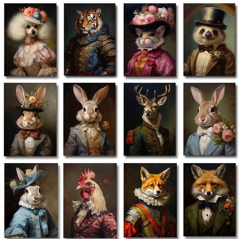 Victorian Animal Portrait Poster Royal Rabbit Fox Tiger Sloth Deer Rooster Canvas Painting Renaissance Living Room Home Decor