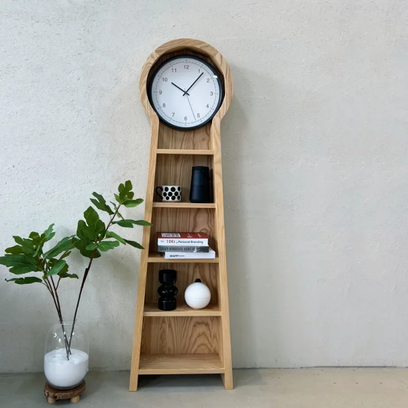 Creative floor clock living room modern solid wood bookshelf shelf multi-functional, multi-layer log shelf display stand