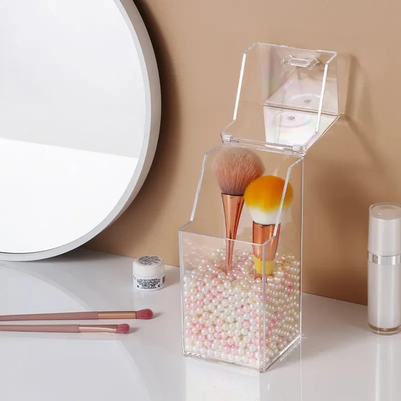 Transparent acrylic flip cover dustproof storage box desktop makeup brush eyebrow pencil square pearl makeup tool storage box