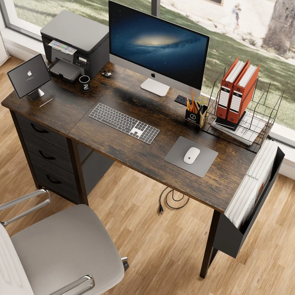 

47 Inch Reversible Gaming Desk with Integrated Power Outlets Rustic Brown 3 Drawers And Side Pockets for Office And Study