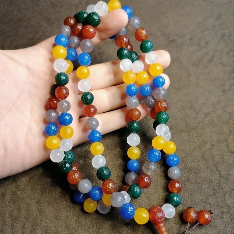 Antique -Colored - Ruyi Pattern 108 Bead Buddhist Multi-Treasure Agate Necklace