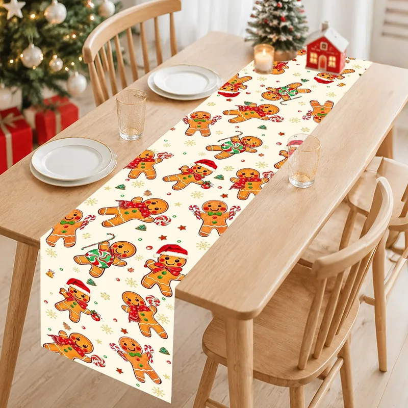 Christmas Themed Table Runner Gingerbread Man Patterns 180*35cm Polyester Table Flag  Holiday Party Decor Christmas Decoration