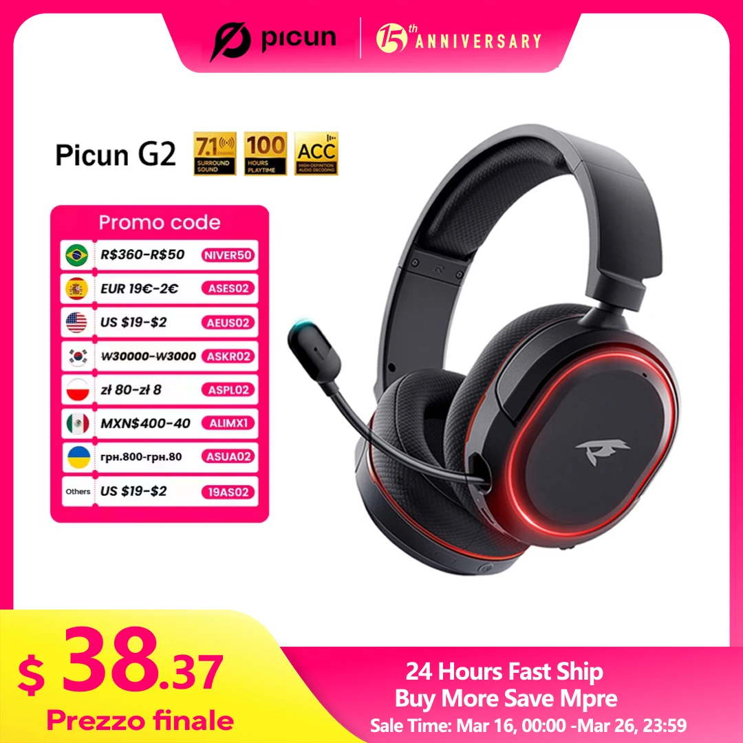 Picun G2 2.4G Wireless Gaming Headset Bluetooth Headphones 5ms Low Latency 7.1 Surround ENC Mic For PC PS4 PS5 Phone Switch