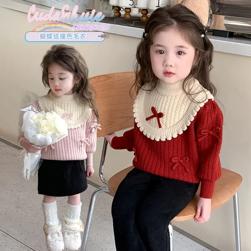 

Girls' Autumn and Winter New Color Matching Bow High Quality Knitted Sweater Top