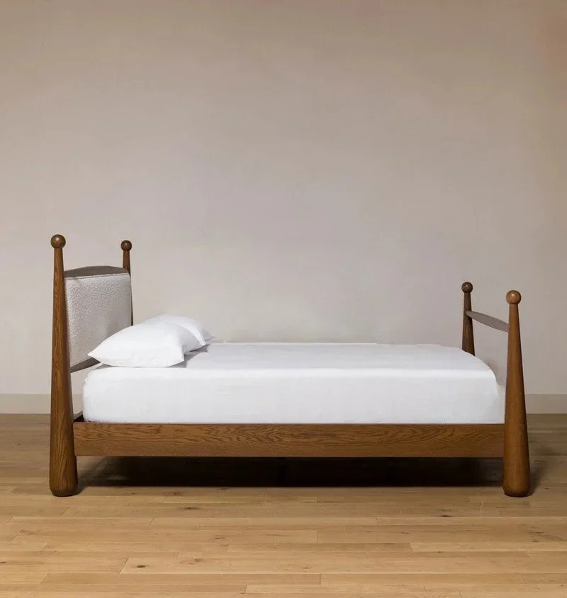 Cama de casal retrô americana de madeira maciça 1.8, cama de casal nórdica simples e macia para crianças, estilo wabi-sabi moderno