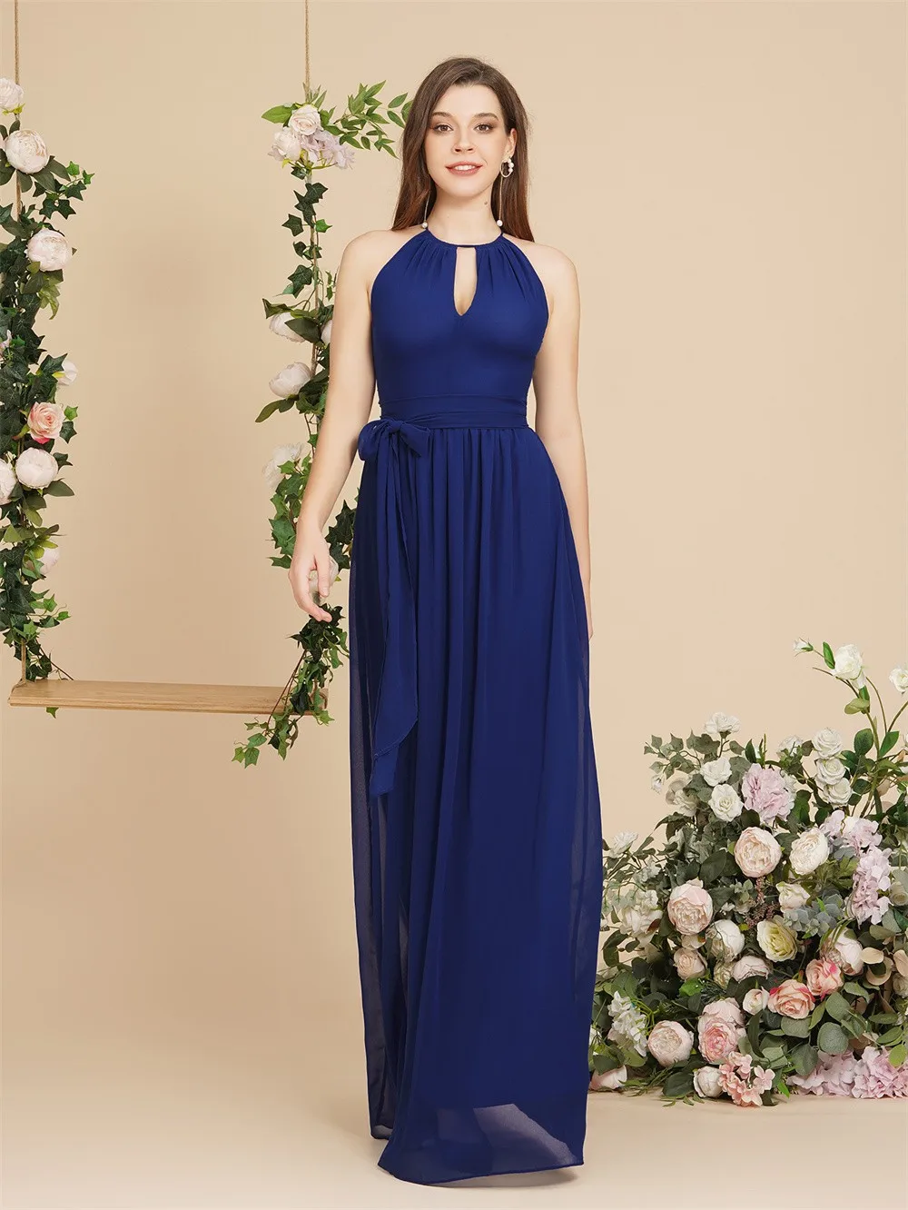 Long Halter Chiffon Bridesmaid Dress 2025 Sleeveless A line Prom Draped With Bow Belt Maxi Party Gowns Formal Evening