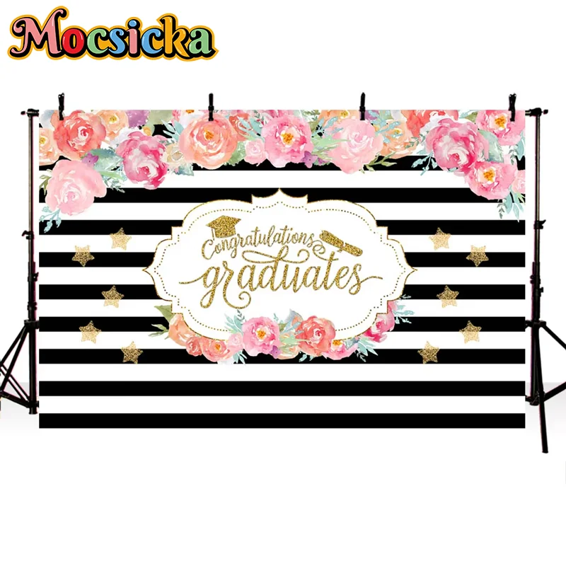 Mocsicka Congratulate Graduation Decorations 2025 Background For Photography Flower Star White Black Stripe Party Photo Backdrop