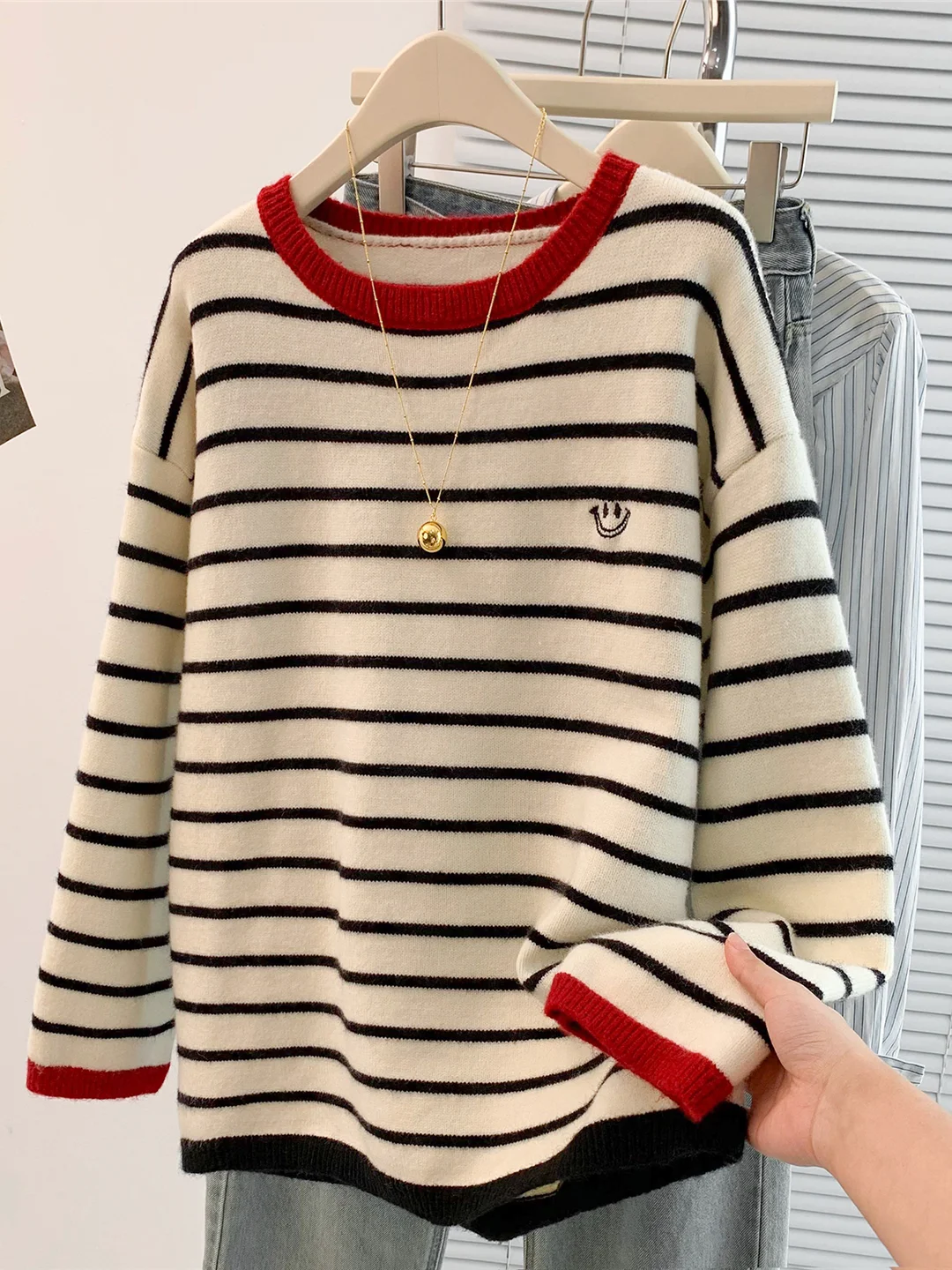 

Модный вязаный свитер в полоску Base irt, большой размер, женский осенне-зимний высокий вязаный топ, модная одежда Agel