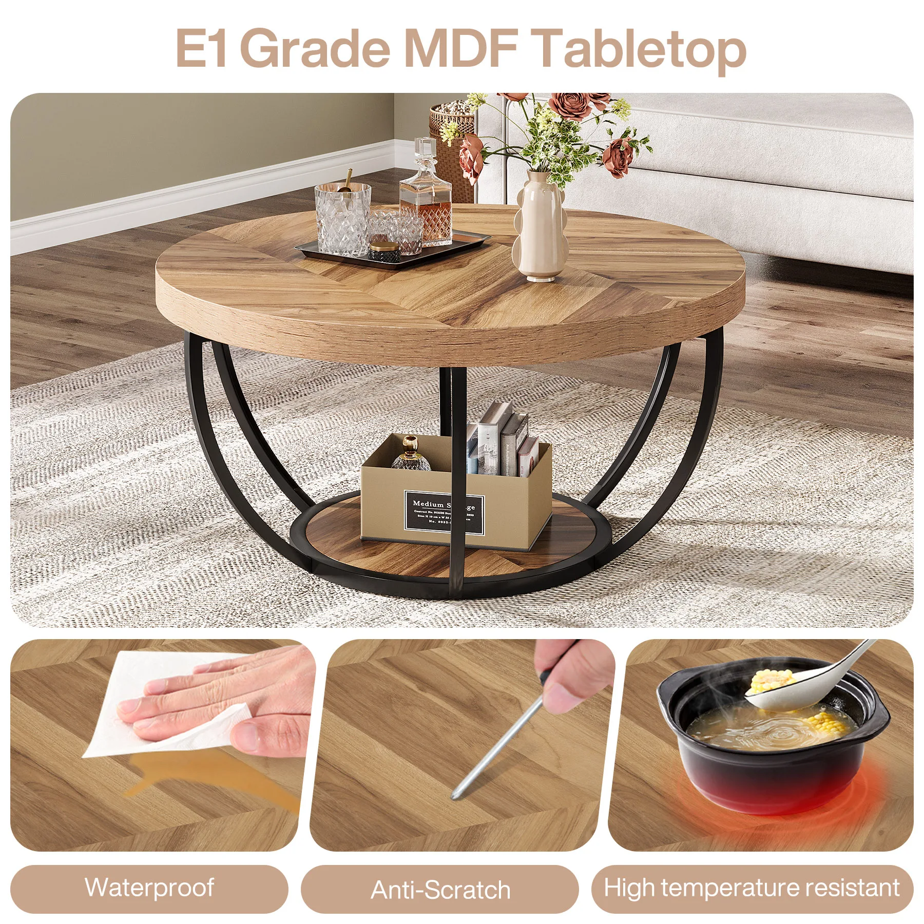 Tribesigns 31.7" Round Coffee Table, Industrial 2-Tier Circle Coffee Table with Storage Shelves, Modern Wooden Accent Center Tab image 6