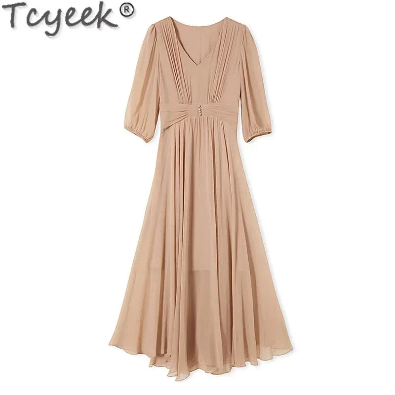 Tcyeek 100% Mulberry Silk Dress Elegant Women's Dresses Long Dresses for Women Clothes Fashion Summer Dress 2024 Vestido Mujer