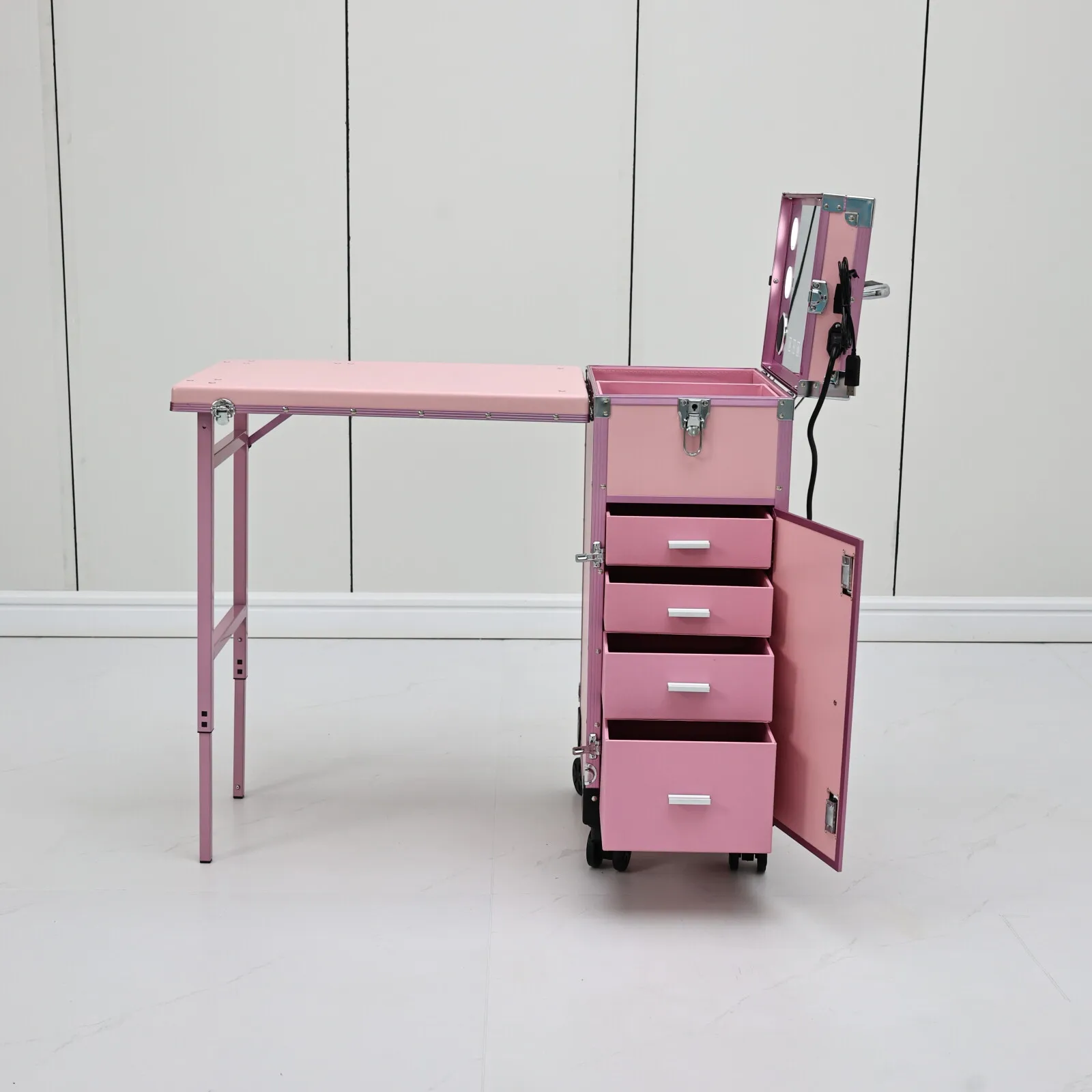 Rosa, tragbarer Manikürtisch mit LED-Spiegel, Schubladen und Rollen, zusammenklappbarer, rollbarer Nagelstudio-Tisch mit Stuhl, Salonmöbel für Nageldesigner. – Detail 8