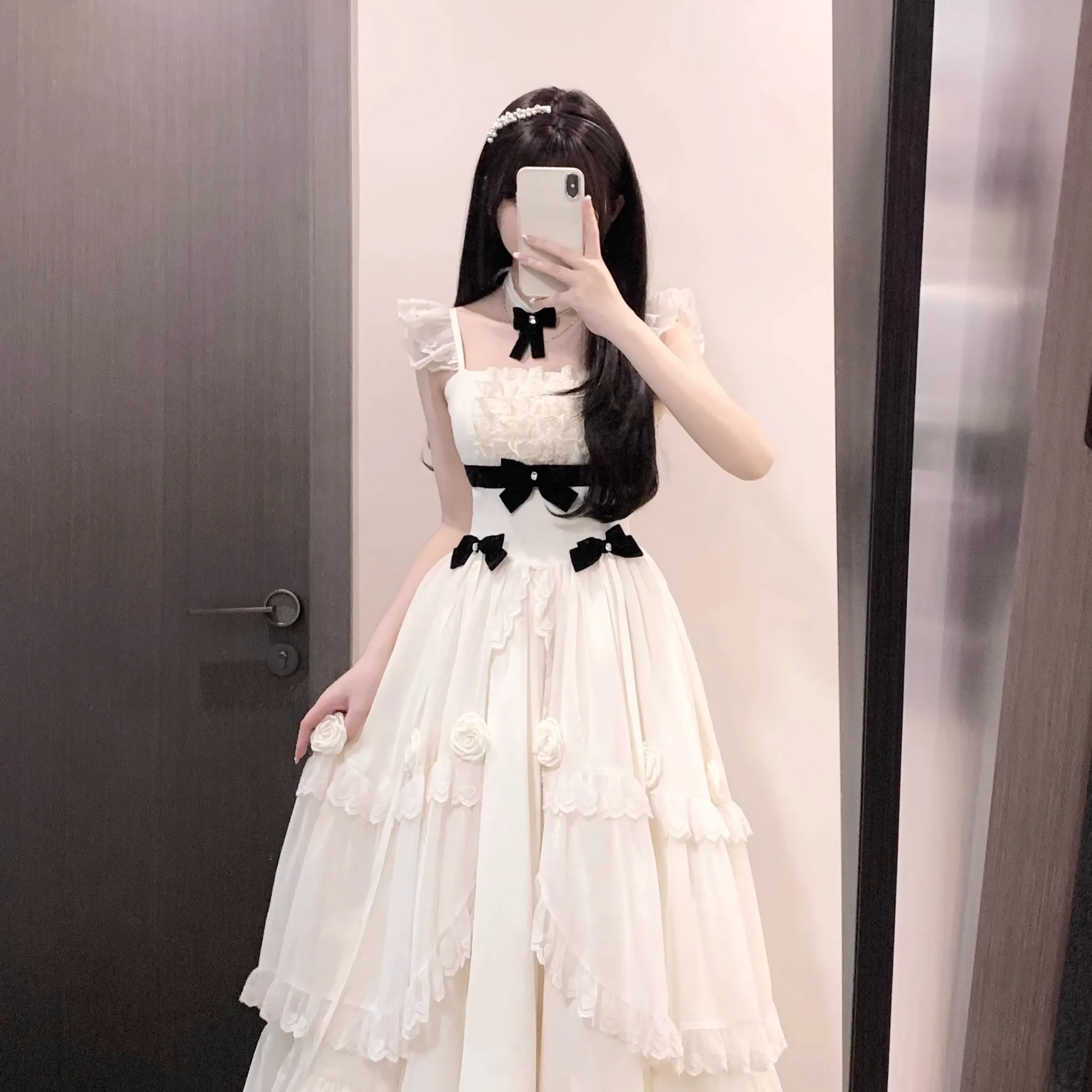 French Elegant Princess Lolita Dresses Bow 3D Flower Square Neck Flying Sleeve Pleated High Waist Slim A-line Long Dress Women