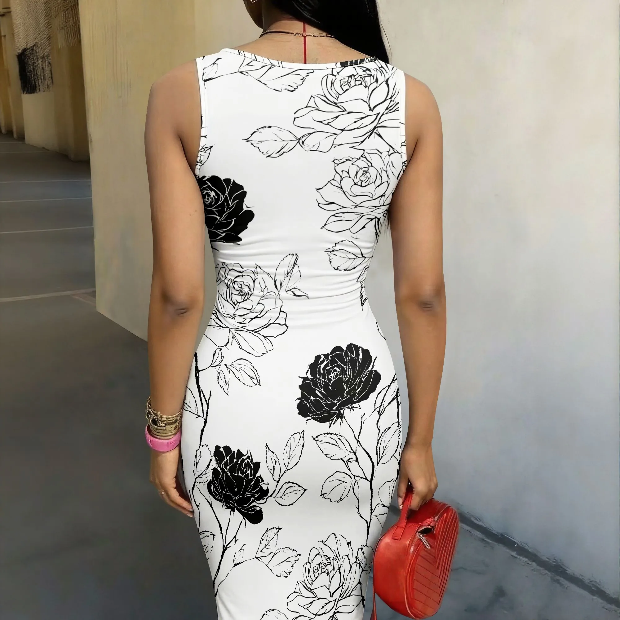 Floral Print Bodycon Dress, Sleeveless U-Neck Mini Dress, Black & White Rose Pattern, Summer Party Clubwear for Women, XS-2XL