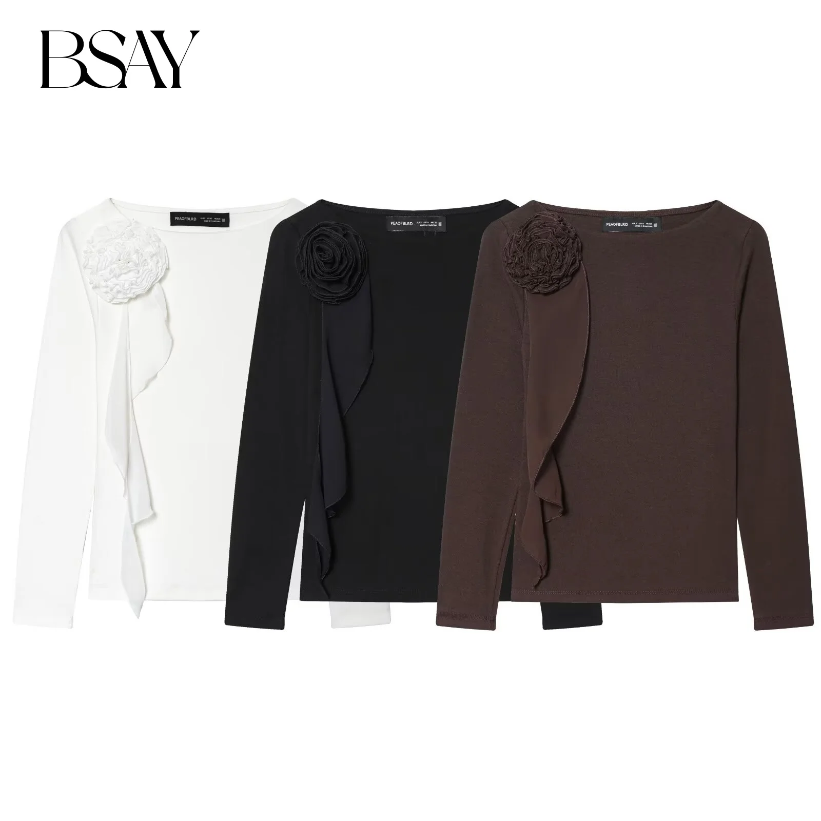 

BSAY Three-dimensional Flower T-shirt for Women Fashion Autumn Winter Long Sleeved Round Neck Tee Top Chic Female T-Shirts Mjuer