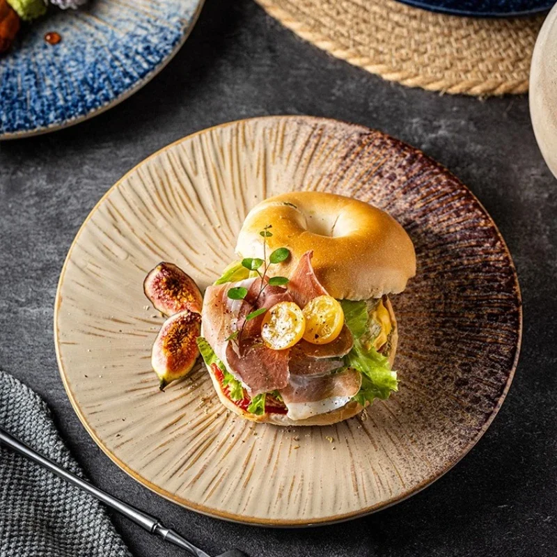1PC Ceramic Western Food Plate Commercial Round Steak Plate 8 Inch Underglaze Color Home Tableware Hotel Supplies Decoration