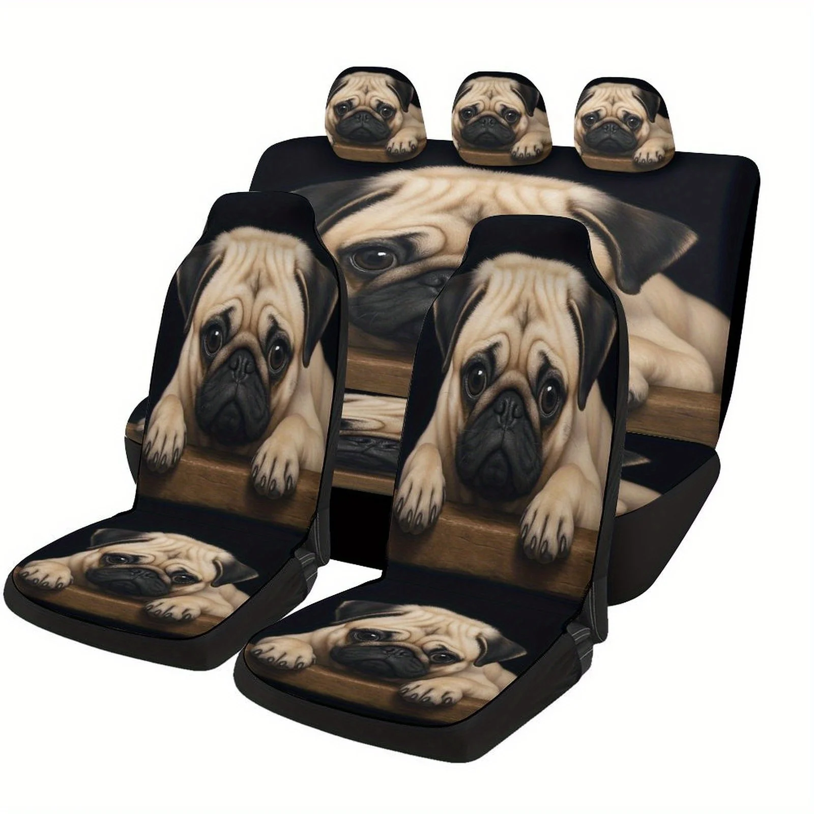 Pug Puppy Portrait Car Seat Cover Set | High-quality Comfortable Universal Fit Polyester Seat Protectors For 2 Front And Rear Se