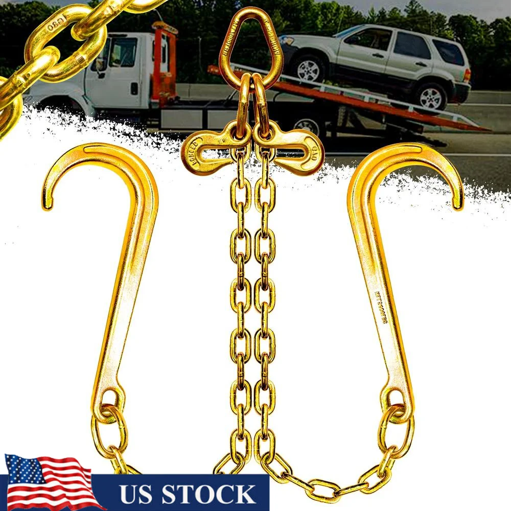 سلسلة سحب شديدة التحمل 5/16 بوصة خطافات J من النوع V 2 بوصة خطاف انتزاع G80 فولاذ أصفر مطلي بالزنك جرار سيارة
