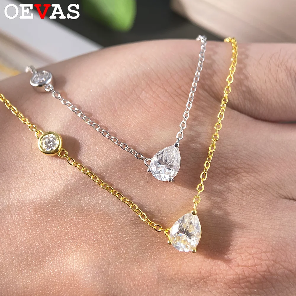 

OEVAS 1-3CT Pear Cut Moissanite Pendant Necklace S925 Silver 18K Gold For Women 2-Stones Lab Diamond Party Fine Jewelry