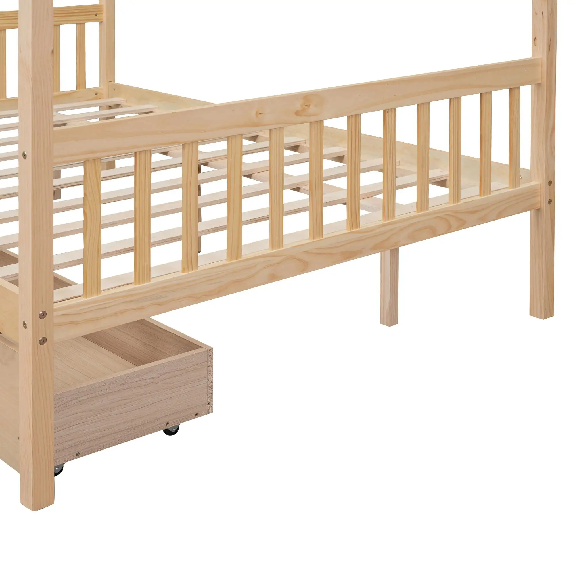 Wooden House Bed with Drawers - Full Size, Natural Finish for Kids Room