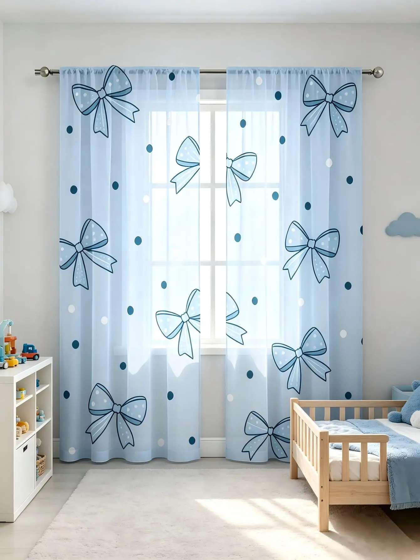 2PCS Digital Print Sheer Curtain, Blue Bow Tie Ribbon Cute Girly Fashion Window Drapes for Living Room Bedroom Home Decor