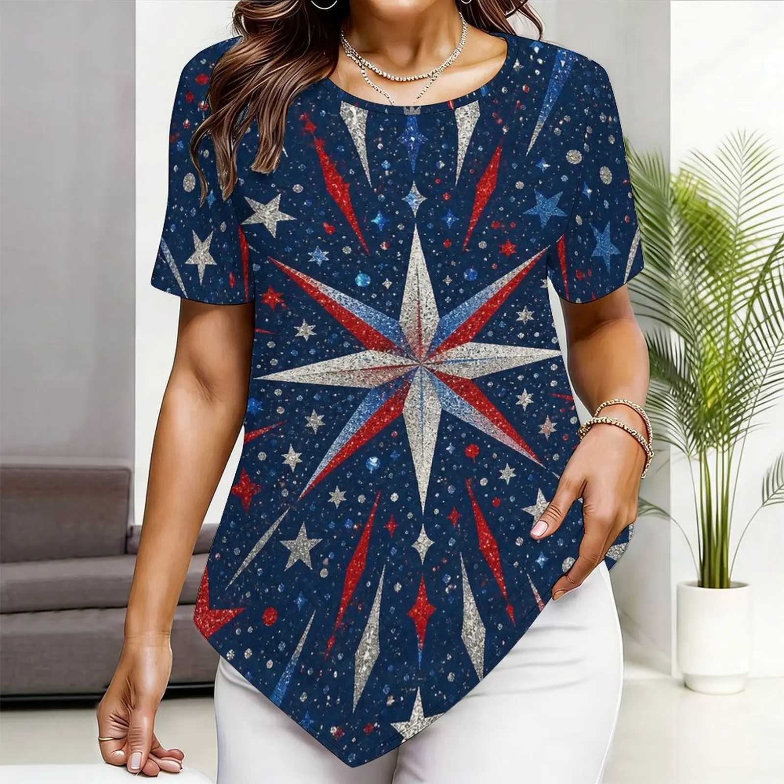 Round Neck Short Sleeve Pointed Hem Printed Top for Women