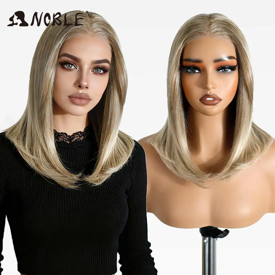 Edle synthetische Lace-Front-Perücken für Damen, 16 Zoll, 13x3, mit freiem Scheitel, vorgezupfte Bob-Perücken, gerade, geschichtet, Ombre-Braun, Lace-Front-Perücke – Detail 3