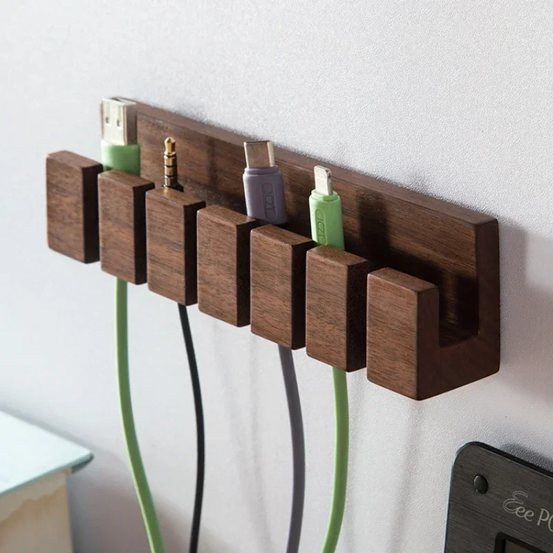 Solid Wood Cable Fixer Desktop USB Cord Organizer, Charging Cable Manager, Headphone Splitter Shelf, Functional Solution Compact