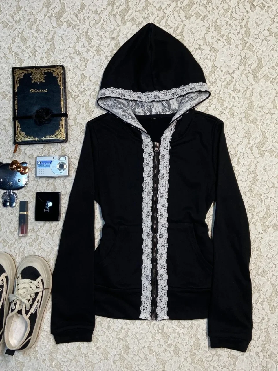 Y2K retro Harajuku style black lace patchwork women's hooded sweatshirt early autumn spicy girl slim fit tops millennium style