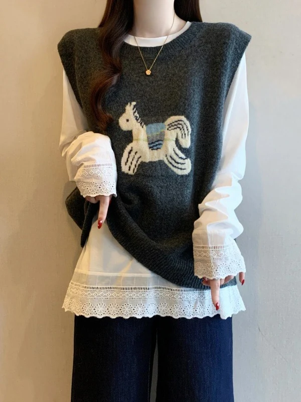 Gray Knitted Sweater Vest Women's Style Layering Top Large Size Fashionable Commute Style round Neck Loose Fit Autumn New Arr...