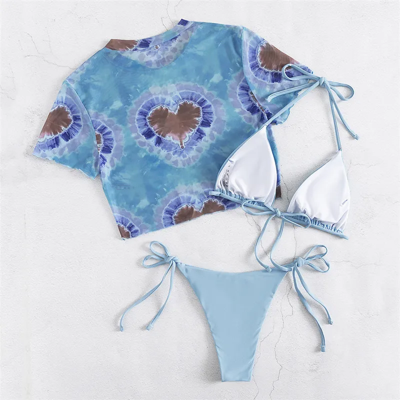 Light Blue Heart Print Micro Thong 3 Piece Bikini Set 2025 Sexy Swimsuit Cover Ups Women String Halter Swimwear Triangle Bikinis